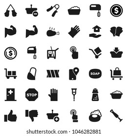 Flat vector icon set - soap vector, cleaner trolley, foam basin, rubber glove, house hold, hand mill, mixer, chicken leg, dollar coin, trainer, muscule, boxing, traking, cargo, touchscreen, down