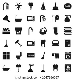 Flat vector icon set - soap vector, plunger, scraper, broom, mop, scoop, sponge, trash bin, window cleaning, welcome mat, bath, toilet, drying clothes, washer, liquid, shining, paper, shower, towel