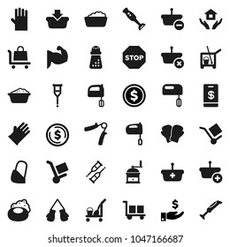 Flat vector icon set - soap vector, cleaner trolley, foam basin, rubber glove, house hold, hand mill, mixer, blender, dollar coin, investment, trainer, muscule, boxing, cargo, crutches, bandage