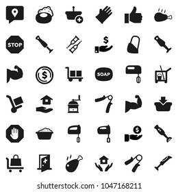 Flat vector icon set - soap vector, cleaner trolley, foam basin, rubber glove, house hold, hand mill, mixer, blender, chicken leg, dollar coin, investment, trainer, muscule, traking, cargo, crutches
