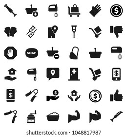 Flat vector icon set - soap vector, foam basin, rubber glove, house hold, hand mill, mixer, dollar coin, investment, trainer, muscule, boxing, traking, cargo, finger up, down, crutches, bandage