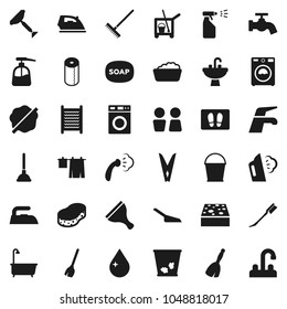 Flat vector icon set - soap vector, plunger, scraper, cleaner trolley, broom, water tap, rake, scoop, bucket, clothespin, sponge, trash bin, drop, car fetlock, splotch, welcome mat, iron, steaming