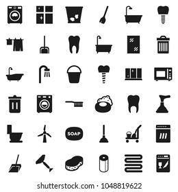 Flat vector icon set - soap vector, plunger, scraper, cleaner trolley, broom, fetlock, scoop, bucket, sponge, trash bin, window cleaning, bath, toilet, drying clothes, washer, shining, paper, towel