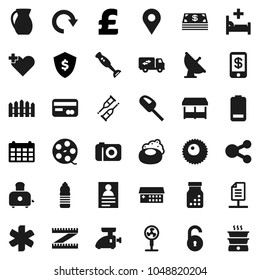 Flat vector icon set - soap vector, toaster, blender, jug, personal information, dollar shield, calendar, pound, measuring, water bottle, satellite antenna, film spool, battery, ambulance star, redo