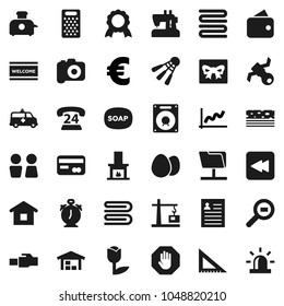 Flat vector icon set - soap vector, towel, welcome mat, water closet, grater, egg, corner ruler, alarm clock, medal, personal information, graph, euro sign, breads, shuttlecock, satellite, phone 24