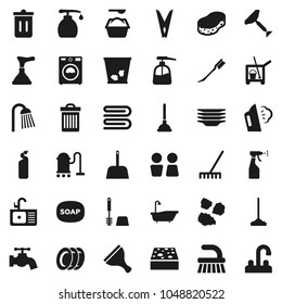 Flat vector icon set - soap vector, plunger, scraper, cleaner trolley, vacuum, fetlock, mop, rake, scoop, clothespin, sponge, towel, trash bin, water tap, car, steaming, bath, toilet brush, washer