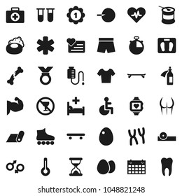 Flat vector icon set - soap vector, egg, scales, stopwatch, muscule hand, buttocks, shorts, t shirt, roller Skates, skateboard, medal, sports nutrition, heart monitor, calendar, fitness mat, pulse