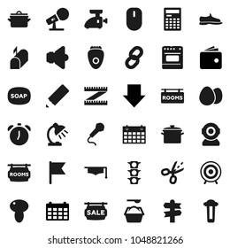 Flat vector icon set - soap vector, washing powder, pan, egg, mushroom, graduate hat, pencil, table lamp, calculator, alarm clock, flag, wallet, arrow down, calendar, measuring, snickers, target