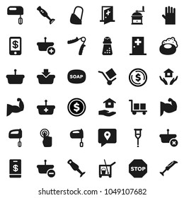 Flat vector icon set - soap vector, cleaner trolley, rubber glove, house hold, hand mill, mixer, blender, dollar coin, trainer, muscule, traking, cargo, touchscreen, crutches, bandage, medical room