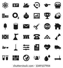 Flat Vector Icon Set - Soap Vector, Plunger, Mop, Cereal, School Building, Atom, Award Cup, Laptop Graph, Gold Ingot, Heart Pulse, Oxygen, Phone, 24, Ship, Car, Port, Wood Box, Consolidated Cargo