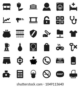 Flat vector icon set - soap vector, camping cauldron, oil, exam, graph, piggy bank, shorts, heart monitor, no smoking, hook, tulip, film frame, gamepad, battery, stethoscope, hospital bed, shield