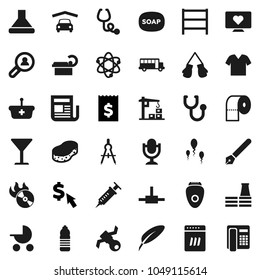Flat vector icon set - soap vector, sponge, toilet paper, pen, drawing compass, atom, school bus, receipt, dollar cursor, boxing glove, water bottle, heart monitor, satellite, glass, shelving, sperm