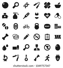 Flat vector icon set - soap vector, liquid, egg, clipboard, bike, hand trainer, fitball, swimsuite, pills, fitness mat, no alcohol sign, smoking, bone, hoop, run, stadium, weight, heart pulse, dna