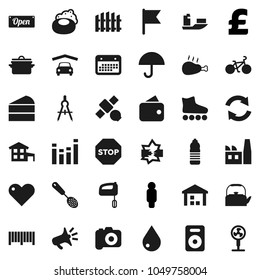 Flat vector icon set - soap vector, water drop, pan, kettle, skimmer, cake, chicken leg, drawing compass, flag, man, pound, bike, roller Skates, bottle, satellite, ship, calendar, umbrella, camera