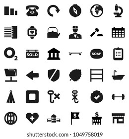 Flat vector icon set - soap vector, bath, kettle, towel, school building, clipboard, compass, leaf, bank, auction, dollar flag, calendar, barbell, skateboard, heart monitor, oxygen, earth, phone