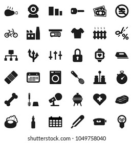 Flat vector icon set - soap vector, toilet brush, skimmer, spices, bbq, steak, chicken leg, oil, calendar, stopwatch, bike, t shirt, heart monitor, no fastfood, cross, bone, money, sorting, settings