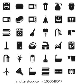Flat vector icon set - soap vector, scraper, cleaner trolley, broom, fetlock, mop, scoop, sponge, towel, window cleaning, welcome mat, bath, drying clothes, washer, liquid, toilet paper, shower