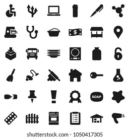Flat vector icon set - soap vector, broom, vacuum cleaner, splotch, foam basin, cleaning agent, plates, rolling pin, oven, jar, pen, notebook pc, medal, school bus, molecule, flask, map, package