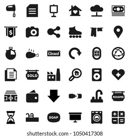 Flat vector icon set - soap vector, drying clothes, water tap, mixer, chicken leg, presentation, document, sand clock, arrow down, board, dollar flag, stadium, stopwatch, roller Skates, map pin