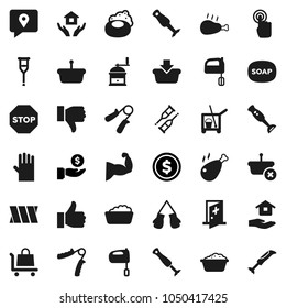Flat vector icon set - soap vector, cleaner trolley, foam basin, rubber glove, house hold, hand mill, mixer, blender, chicken leg, dollar coin, investment, trainer, muscule, boxing, traking, down