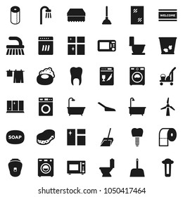 Flat vector icon set - soap vector, plunger, cleaner trolley, fetlock, scoop, sponge, trash bin, window cleaning, welcome mat, bath, toilet, drying clothes, washer, shining, paper, microwave oven