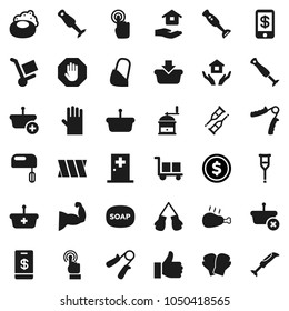 Flat vector icon set - soap vector, rubber glove, house hold, hand mill, blender, chicken leg, dollar coin, trainer, muscule, boxing, cargo, touchscreen, finger up, crutches, bandage, medical room