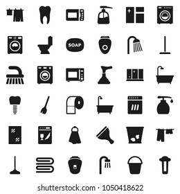 Flat vector icon set - soap vector, plunger, scraper, broom, fetlock, mop, bucket, towel, trash bin, window cleaning, bath, toilet, drying clothes, washer, liquid, shining, paper, shower, tooth