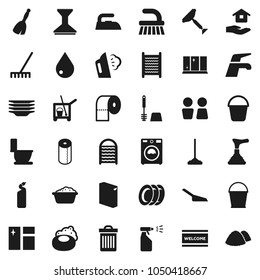 Flat vector icon set - soap vector, plunger, scraper, cleaner trolley, broom, water tap, fetlock, mop, rake, scoop, bucket, trash bin, drop, car, window cleaning, welcome mat, iron, steaming, toilet
