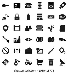 Flat vector icon set - soap vector, vacuum cleaner, towel, trash bin, washer, plates, cook glove, knife, cutting board, double boiler, egg, pasta, cake, crisis, safe, water bottle, prohibition sign