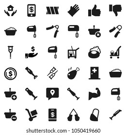 Flat vector icon set - soap vector, cleaner trolley, foam basin, rubber glove, house hold, mixer, blender, chicken leg, dollar coin, investment, hand trainer, muscule, boxing, traking, finger up