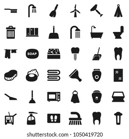 Flat vector icon set - soap vector, plunger, scraper, cleaner trolley, broom, fetlock, scoop, sponge, towel, trash bin, window cleaning, welcome mat, toilet, drying clothes, liquid, shining, shower