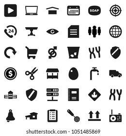 Flat vector icon set - soap vector, trash bin, skimmer, egg, copybook, school building, bell, scissors, document, dollar coin, man, target, phone 24, car, calendar, dry cargo, top sign, flammable