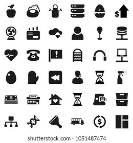 Flat vector icon set - soap vector, scraper, sprayer, washboard, apron, cook glove, timer, egg, apple fruit, school bus, archive, exchange, dollar growth, sand clock, heart pulse, punching bag, dna