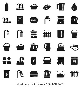Flat vector icon set - soap vector, bucket, sponge, water drop, foam basin, shower, closet, tap, kettle, measuring cup, double boiler, jug, enegry drink, bottle, pool, pond, supply, bath, heating