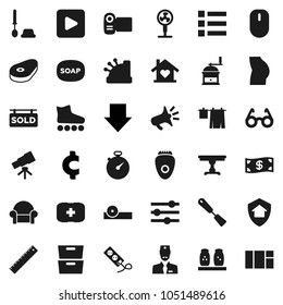 Flat vector icon set - soap vector, drying clothes, toilet brush, spatula, hand mill, spices, steak, ruler, glasses, telescope, archive, arrow down, cent sign, stopwatch, buttocks, roller Skates