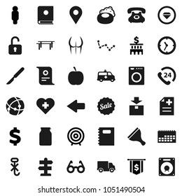 Flat vector icon set - soap vector, scraper, jar, copybook, glasses, certificate, constellation, bank building, target, man, dollar flag, sign, diet, horizontal bar, buttocks, heart cross, signpost