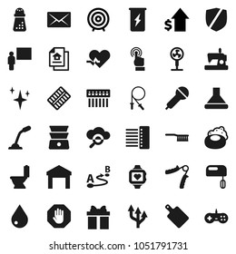 Flat vector icon set - soap vector, fetlock, water drop, shining, toilet, cutting board, hand mill, double boiler, blackboard, dollar growth, target, jump rope, trainer, enegry drink, heart monitor
