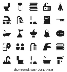 Flat vector icon set - soap vector, plunger, water tap, fetlock, towel, bath, toilet, brush, paper, shower, closet, sink, supply
