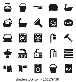 Flat vector icon set - soap vector, scraper, fetlock, bucket, sponge, bath, drying clothes, washer, washing powder, shower, sink, towel, dishwasher