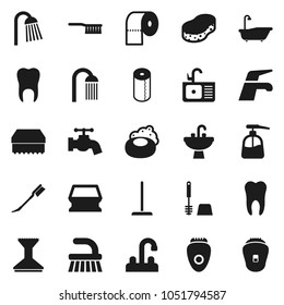 Flat vector icon set - soap vector, water tap, fetlock, mop, sponge, car, bath, toilet brush, liquid, paper, shower, sink, tooth, epilator