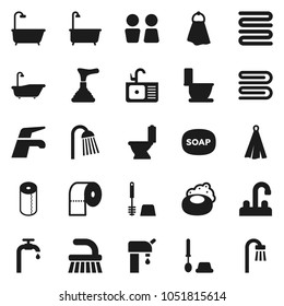 Flat vector icon set - soap vector, plunger, water tap, fetlock, towel, bath, toilet, brush, paper, shower, closet, sink, supply