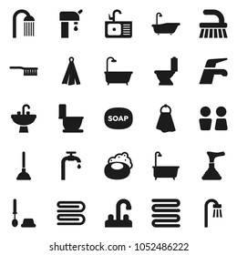 Flat vector icon set - soap vector, plunger, water tap, fetlock, towel, bath, toilet, brush, shower, closet, sink, supply