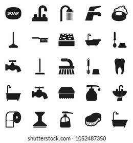 Flat vector icon set - soap vector, water tap, fetlock, mop, sponge, car, bath, toilet brush, liquid, paper, shower, sink, tooth
