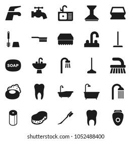 Flat vector icon set - soap vector, water tap, fetlock, mop, sponge, car, bath, toilet brush, paper, shower, sink, tooth, epilator