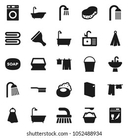 Flat vector icon set - soap vector, scraper, fetlock, bucket, sponge, towel, bath, drying clothes, washer, washing powder, shower, sink, dishwasher