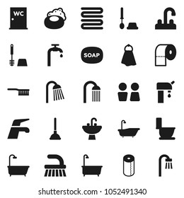 Flat vector icon set - soap vector, plunger, water tap, fetlock, towel, bath, toilet, brush, paper, shower, closet, sink, supply