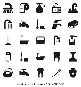 Flat vector icon set - soap vector, water tap, fetlock, mop, sponge, car, bath, toilet brush, liquid, paper, shower, sink, tooth, epilator