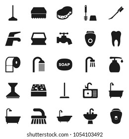 Flat vector icon set - soap vector, water tap, fetlock, mop, sponge, car, bath, toilet brush, liquid, paper, shower, sink, tooth, epilator