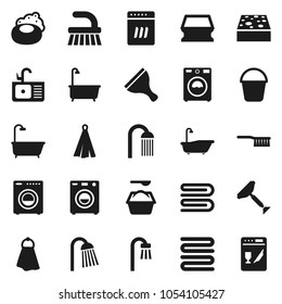Flat vector icon set - soap vector, scraper, fetlock, bucket, sponge, towel, bath, washer, washing powder, shower, sink, dishwasher