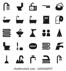 Flat vector icon set - soap vector, plunger, water tap, fetlock, towel, bath, toilet, brush, paper, shower, closet, sink, supply